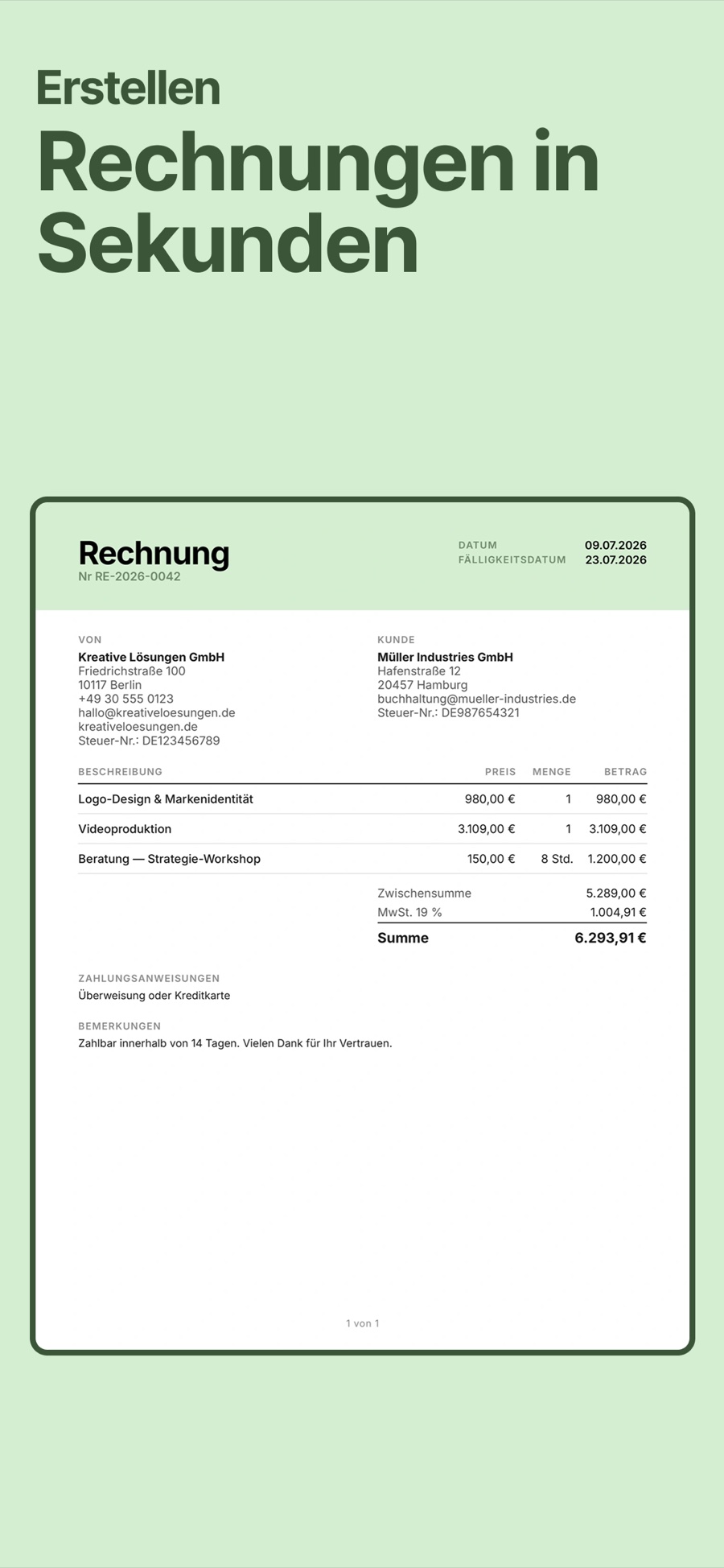 Eine in Invoice.app erstellte Rechnung