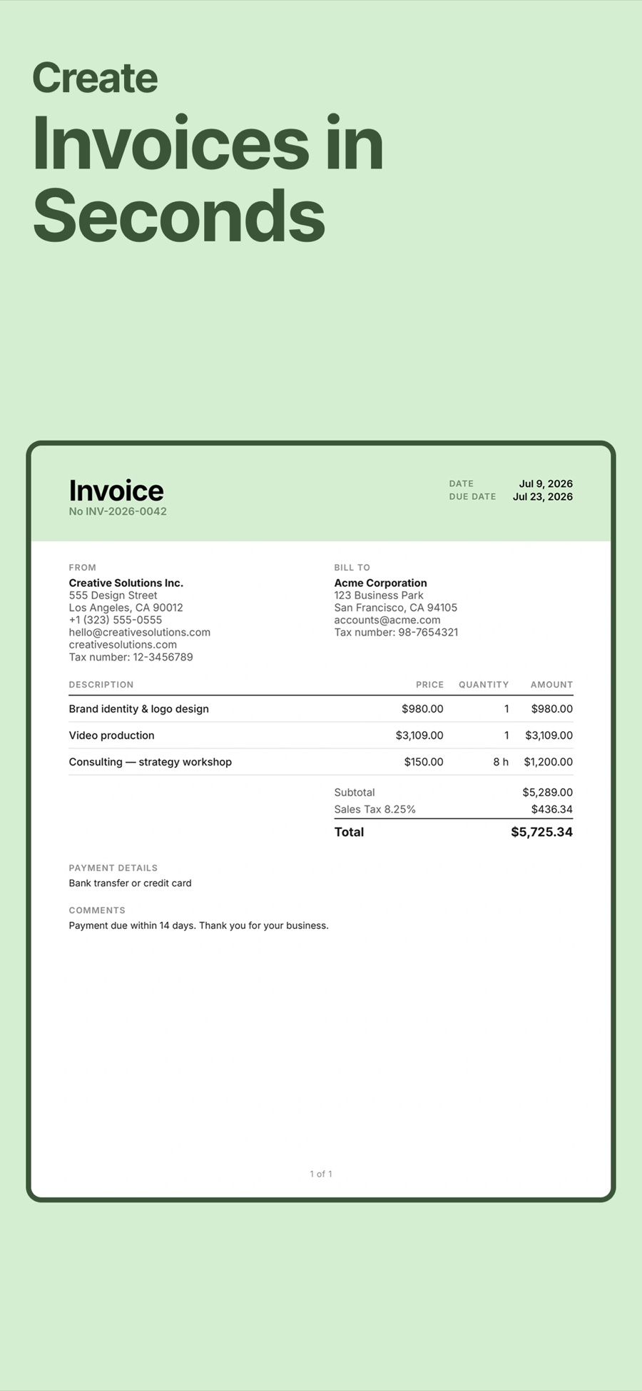 An invoice created in Invoice.app